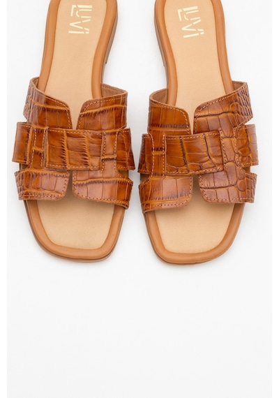 Luvishoes Luvi Shoes Notre Taba Baskı Hakiki Deri Kadın Terlik Taba