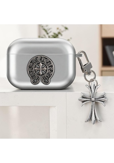 Caseonn Apple Uyumlu Airpods Pro 3 Kılıf Chrome Hearts Metalik Görünümlü Gotik Haç Figürlü Gümüş