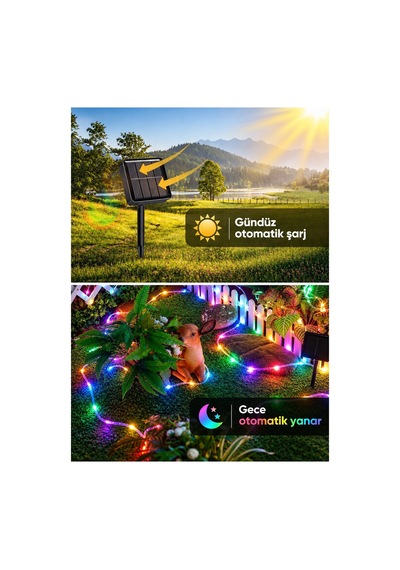 Robeve Güneş Enerjili Solar Led Halat Işık Led Işık Yılbaşı Işık 10 Metre Suya Dayanıklı 8 Modlu Dış Mekan Iç Mekan Bahçe Balkon Teras Ağaç Dekoratif Hortum Aydınlatma Yılbaşı Işığı Rgb Çok Renkli