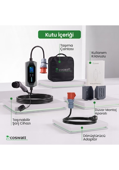 Coswatt Taşınabilir EV Şarj Cihazı CS-P3-32A / 22kW / 8m / Türkçe / 380V AC / Tip-2 / 5x32A CEE / Ev Tipi Dönüştürücü / Çanta Coswatt Taşınabilir EV Şarj Cihazı CS-P3-32A / 22kW / 8m / Türkçe / 380V AC / Tip-2 / 5x32A CEE / Ev Tipi Dönüştürücü / Çanta