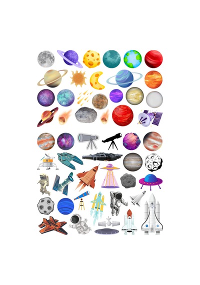 53 Adet Uzay Galaksi Sticker Seti - Etiket Seti Scrapbook Bullet Journal Çok Renkli