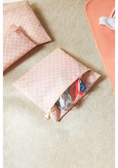 Ocean Home Textile 3'lü Su Geçirmez Pvc Astarlı Pembe Dama Desen Islak Kuru Çantası 20 X 13 / 24 X 20 / 30 X 24 Cm
