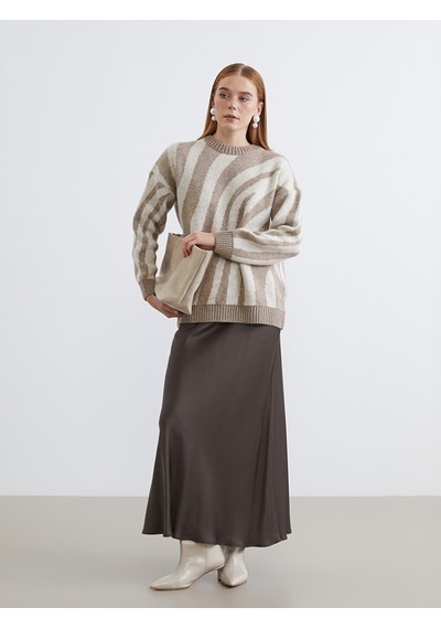 Lcw Modest Kahverengi Bisiklet Yaka Zebra Desenli Kadın Triko Tunik