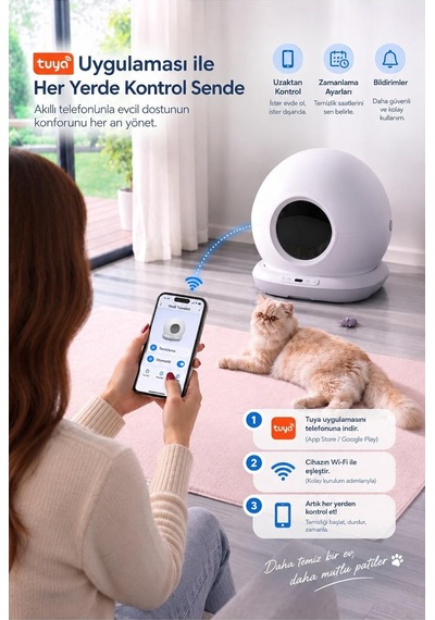 Sce001 Akıllı Otomatik Kedi Tuvaleti, Uygulama İle Uzaktan Kontrol, 75 L Hazne, Kendi Kendini Temizleyen, Koku Önleyici, Elekli Paspas + 15 Çöp Torbası Hediyeli Beyaz