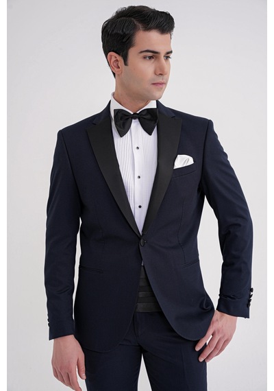 Slim Fit Fleto Cep Çıkarılabilir Saten Yaka Düz Lacivert Damatlık Smokin Takım Altro 032 Lacivert