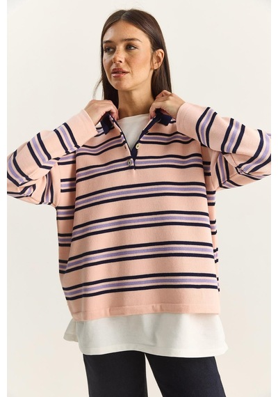 Shade Polo Yaka Çizgili Basic Triko Kazak 20258061 - Pembe