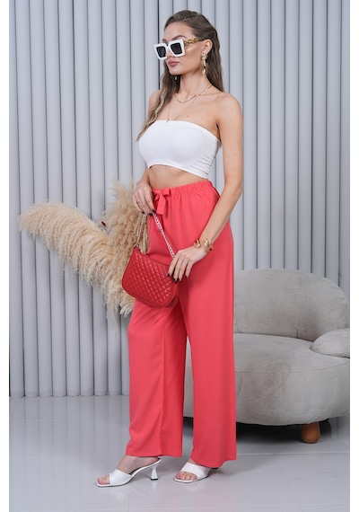 Polologin Butik Beli Bağcıklı Yüksek Bel Bol Paça Mercan Pantolon Kırmızı