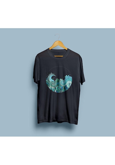 Oversize Dalgalar Tasarım Unisex T-shirt Siyah