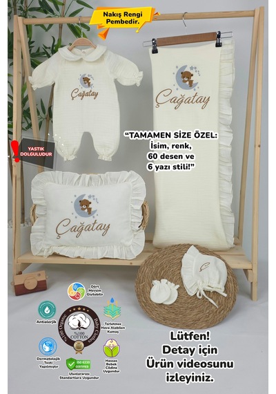 Gros Shop Müslin Yeni Doğan 4katlı Organik %100pamuk Kişiye Özgü Nakışlı Hastane Çıkış Seti Ayıcık Model 4 Ekru-1