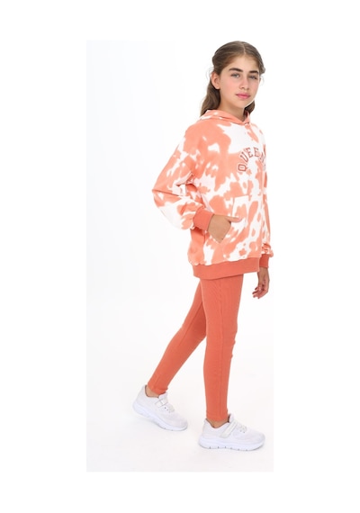 Toontoy Kids Toontoy Kız Çocuk 2'li Takım Baskılı Kapüşonlu Düşük Omuz Cepli Sweatshirt & Basic Düz Tayt Kiremit
