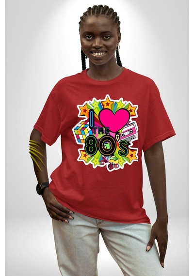 80leri Seviyorum Kaset Ve Özel Hediye Pamuklu Bisiklet Yaka Unisex Oversize Boyfriend Dijital Baskılı Kırmızı T-shirt Kırmızı