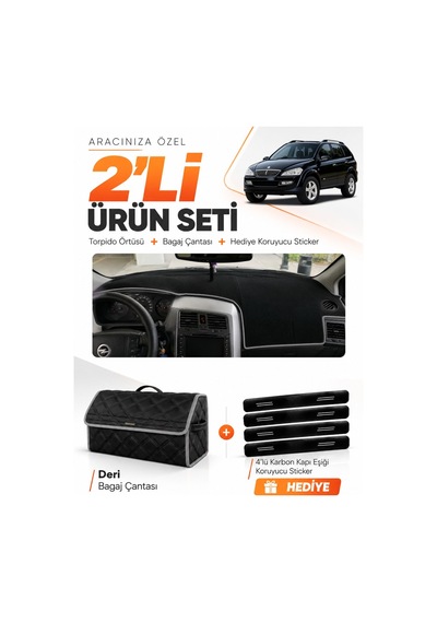 E-biz Ssangyong Kyron 2005-2012 Uyumlu Torpido Örtüsü + Deri Bagaj Çantası - Siyah-gri - Ss001
