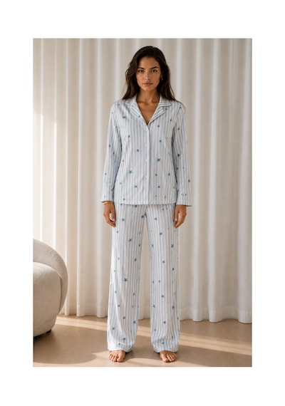 Fit Women Kadın Desenli Basic Kış Mavi Pijama Takımı
