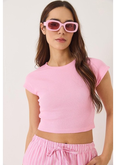 Shade Kadın Bisiklet Yaka Kısa Kollu Basic Kaşkorse Crop Top T-shirt 60602044 - Pembe