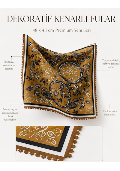Tarzını Seç Makro Çiçek Model Dekoratif Kenar Tasarımlı Fular 48x48 Cm