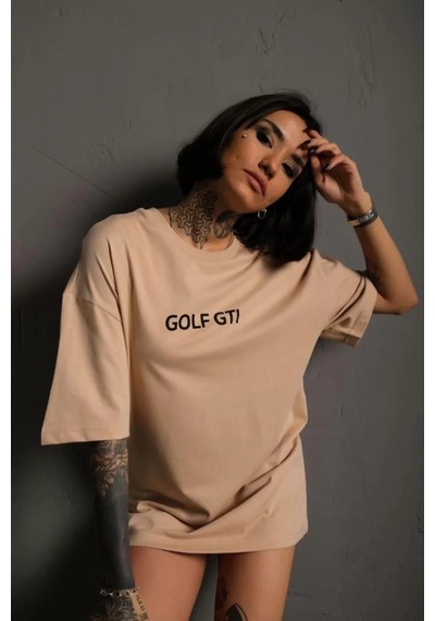 Twingold Kadın Oversize Baskılı Tişört Golf Gtı Retro Araba Desenli, Ön & Arka Dijital Baskı, Sokak Modası Bej