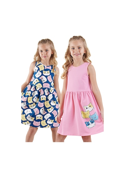 Denokids Sevimli Kediler Kız Çocuk 2'li Elbise Renkli Çok Renkli