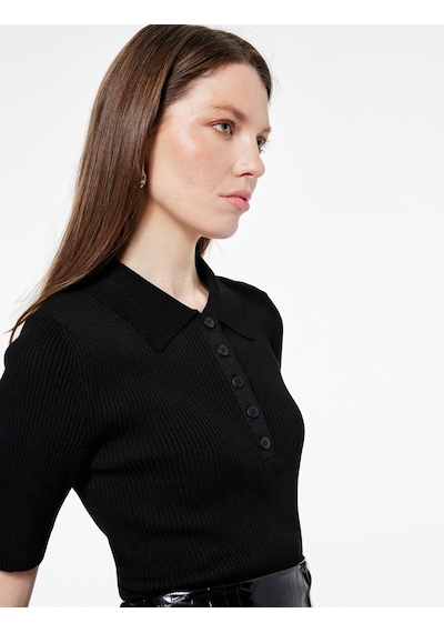 Koton Regular Fit Yarım Düğmeli Kısa Kollu Polo Yaka Triko Kazak Siyah 6wak90338ht Siyah