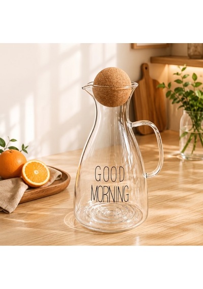 Yuvarlak Mantar Kapaklı Sürahi 1500 Ml Yazılı Model Dekoratif Eşya İkram Ürünü