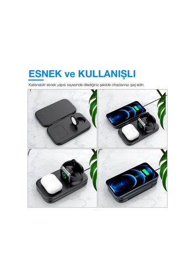 Ally W66 15w 3 İn1 Android + Apple Uyumlu iPhone Taşınabilir Mini Kablosuz Hızlı Şarj Stand - Hs08377954-2 Siyah