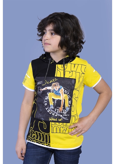 Toontoy Kids Toontoy Erkek Çocuk Garni Detaylı Kapüşonlu Baskılı Tişört Sarı
