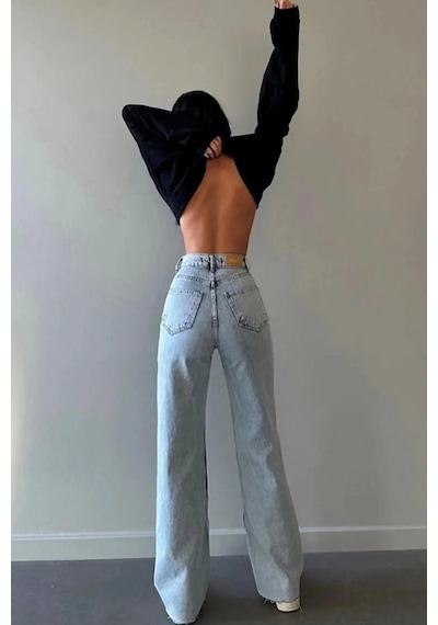 Woddi Mori Kar Palazzo Likralı Bel Mavi Salaş Jean Pantolon New Sezon-3 Taş1