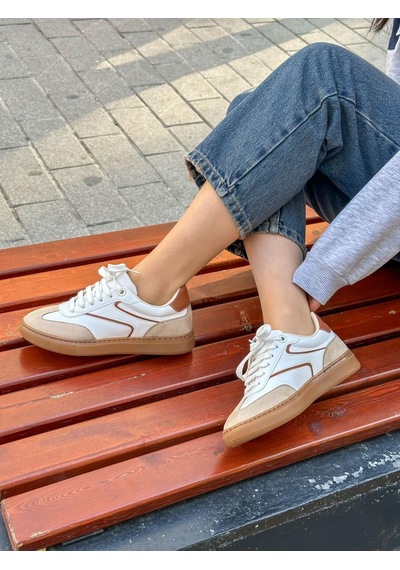 Erva'nın Butiği Beyaz Bej Cilt Wins Bağcıklı Kadın Sneakers-5690 Beyaz Cilt