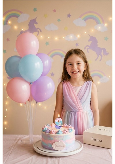 Unicorn Temalı Pastel Rakam Mum Ve Balon Standı Seti - Kız Çocuk Doğum Günü Parti Süsleri 0-9 Yaş 3 - 7 25582676