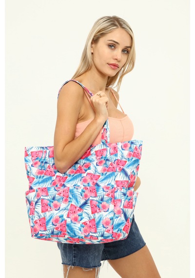 İcone Bag Kadın Çantası, Fonksiyonel Baskılı Plaj Çanta, Beach Bag, Karpuz Tropical Desenli Fermuarlı Çanta Mavi - Kırmızı