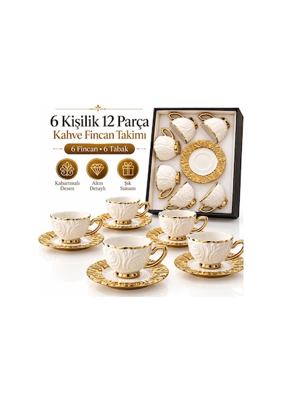 Valkyrie Hürrem Serisi 6 Kişilik 12 Parça Kahve Fincan Takımı 100ml Kabartmalı Altın Detaylı Set Beyaz Altın