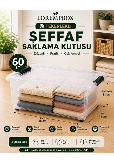 Lorempbox 60 Lt Tekerlekli Şeffaf Saklama Kutusu 2'li Set Diğer