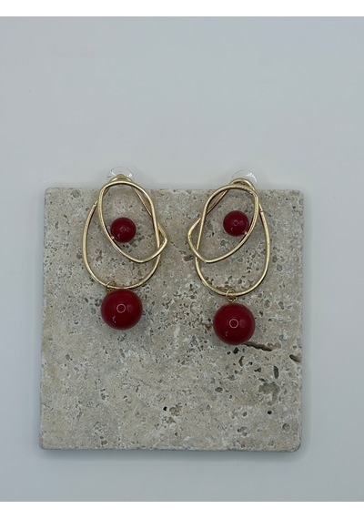 Rhea Jewelry Çelik Geometrik Kırmızı Boncuklu Sallantılı Kadın Küpe Gold 7 Cm Altın - Kırmızı