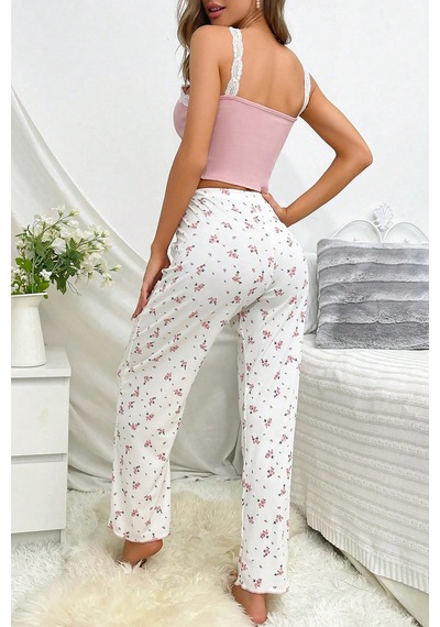 Merry See Askılı Şık Üstü Dantel İşlemeli Baskılı Pijama Takımı Çok Renkli