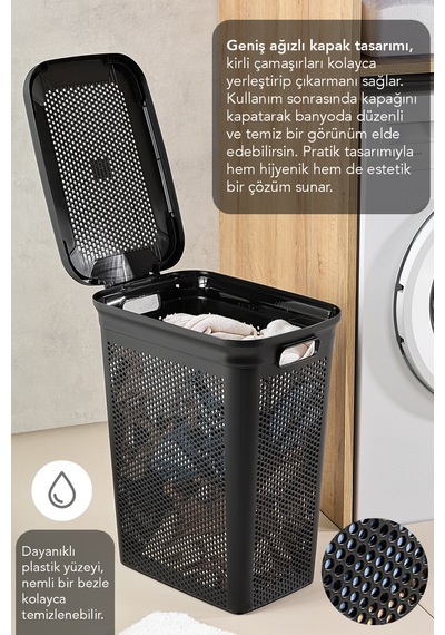 2'li Kirli Çamaşır Sepeti Seti - 40 Litre Kapaklı Delik Detaylı Stash Slim Kirli Sepeti Siyah Siyah