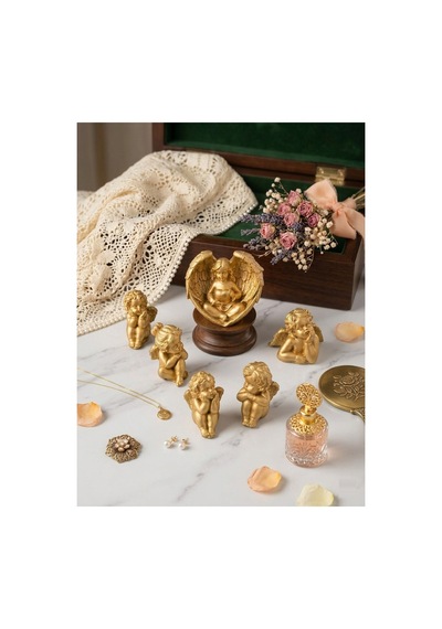 6'lı Mini Gold Melek Biblo Seti - Özel Döküm Figürler En Ufak Boyut 3x3x6 Cm Altın