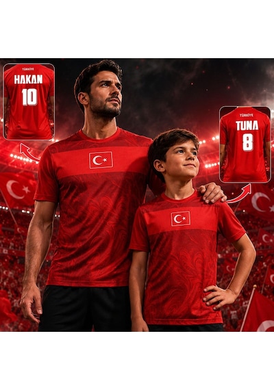 Bk Gift Kişiye Özel İsimli Ve Numaralı Baba&kız Set Türkiye Milli Takım Forması - Tek Yürek Milli Takım Ruhu Kırmızı