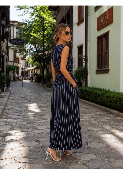 Bidesing Kadın Dar Kesim Bisiklet Yaka Çizgili Maxi Elbise Lacivert - Beyaz