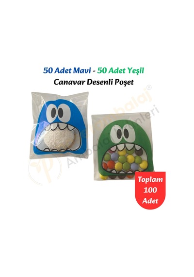 100 Adet Mavi-yeşil Renkli Canavar Desenli Cake Pop & Kurabiye Poşeti-10x15 Cm