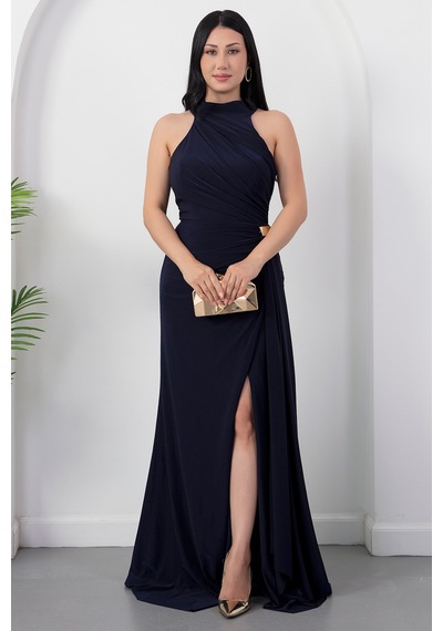 Kalopya Halter Yaka Drapeli Tokalı Abiye Elbise Ecr5862 Lacivert