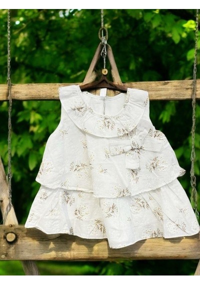Çikoby Kız Bebek Pamuklu Çiçek Desenli Katlı Fırfırlı Elbise-14539 Ekru