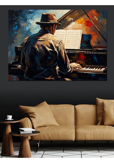 Ahşap Tablo Şapkalı Piyanist Ve Gece Müziği