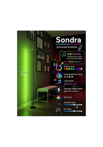 Sondra -sese Ve Müziğe Duyarlı - Kumandalı -oda Aydınlatma Sistemi Full Rgb- Çok Özellik 150 Cm Siyah