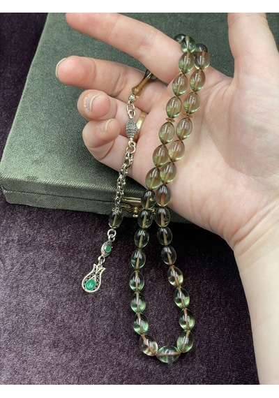 Alpaka Lale Uçlu Arpa Kesim Zar Renginde Ateş Kehribar Tesbih 7x11 Mm Yeşil