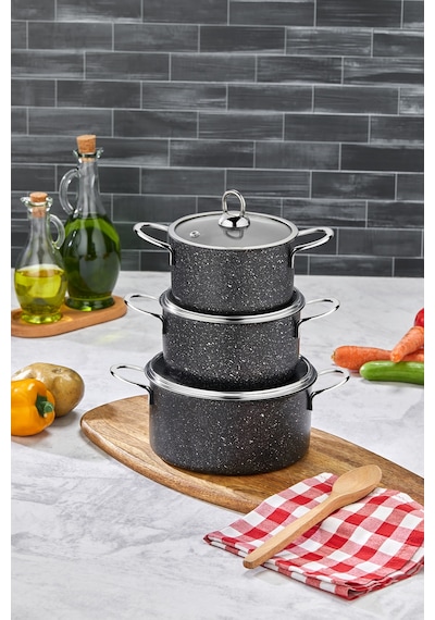 Polochef Hilal Granit 3'lü Mini Tencere Seti 12-14-16 Cm Kapaklı Siyah Siyah