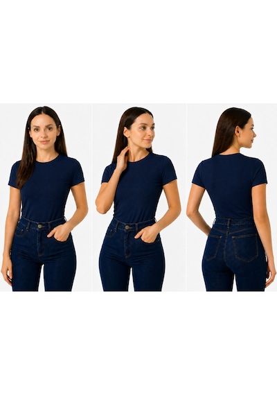 İngegno Body Bisiklet Yaka Yarım Kol Örme Kumaş Viskon Body Kadın Lacivert
