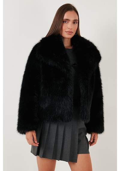 Lela Oversize Fit Gömlek Yaka Cepli Astarlı  Mont Bayan Kürk 497Berry Siyah