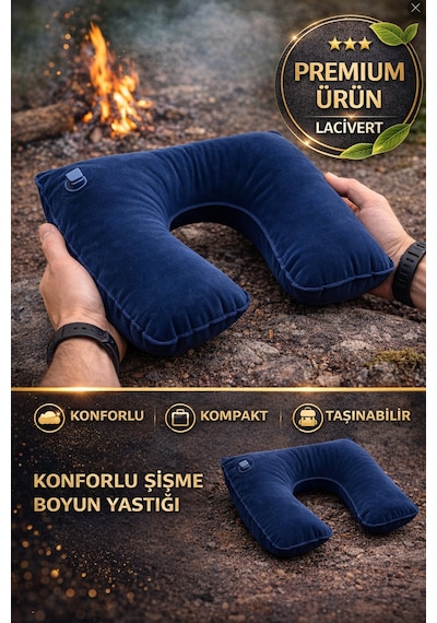 Lacivert Şişme Seyahat Boyun Yastığı Uçak Araç Kamp İçin Ergonomik Taşınabilir Travel Yastık