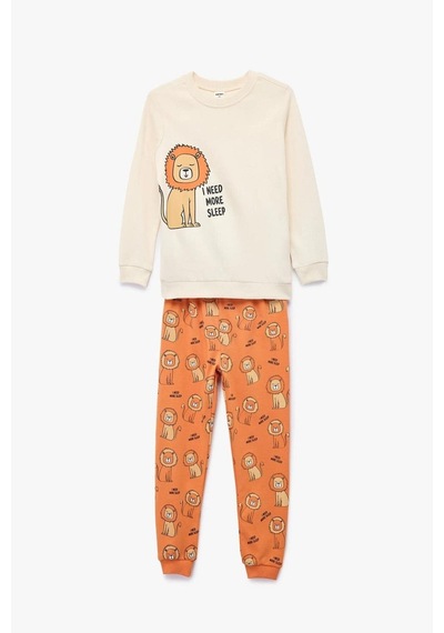 Koton Erkek Bebek Aslan Baskılı 2'li Pamuklu Pijama Takımı Bej