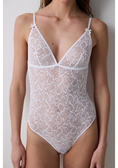 Penti Kırık Beyaz Çiçekli Dantel Aksesuar Detaylı Balensiz Gelin Bodysuit Beyaz