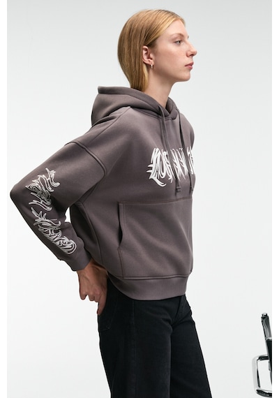 Grimelange ALIRAYNE Kadın Baskılı Oversize Kapüşonlu Kanguru Cep Antrasit Sweatshirt